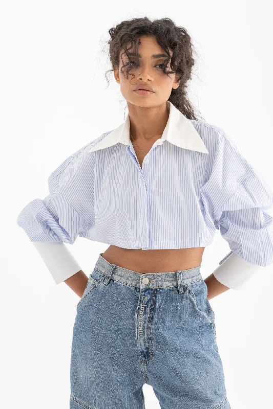 Cropped Striped Shirt - Add On Casual Slouchy Short Sleeve