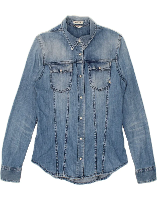 CYCLE Womens Denim Shirt UK 10 Small Blue Cotton Casual Boxy Short Shirt