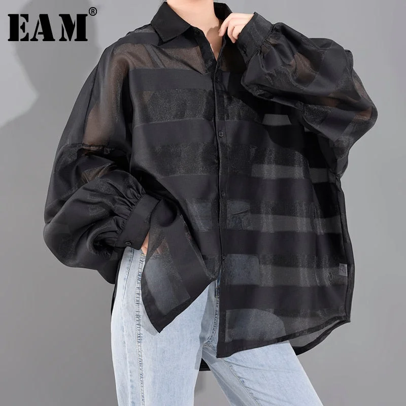 [EAM] Women Black Perpective Big Size Thin Blouse New Lapel Long Sleeve Loose Fit Shirt Fashion Tide Spring Summer 2020 1U33301 Elegant Silk Short Shirt