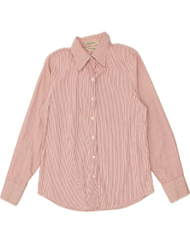 EDDIE BAUER Womens Shirt UK 10 Small Red Pinstripe Cotton Relaxed Cotton Short Blouse