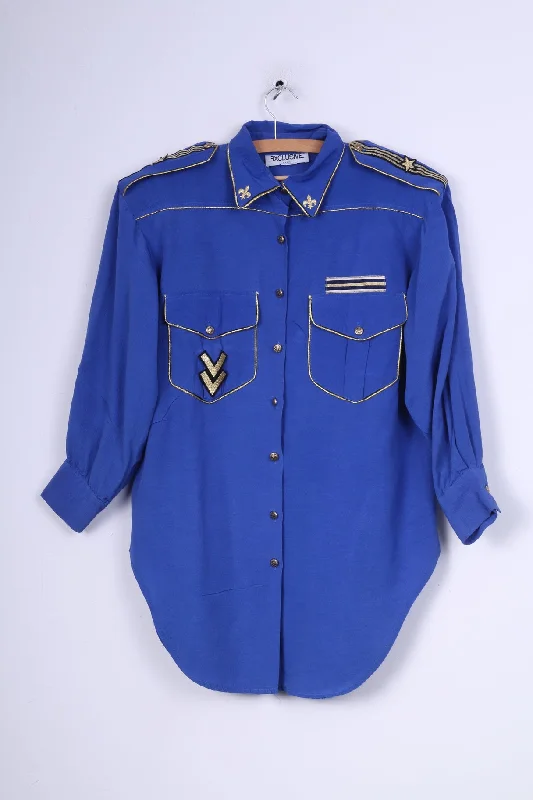 Exclusive Paris Womens L Casual Shirt Cobalt Shoulder Pads Gold Detailed Vintage Casual Oversized Short Shirt Exclusive Paris Womens L Casual Shirt Cobalt Shoulder Pads Gold Detailed Vintage Casual Oversized Short Shirt