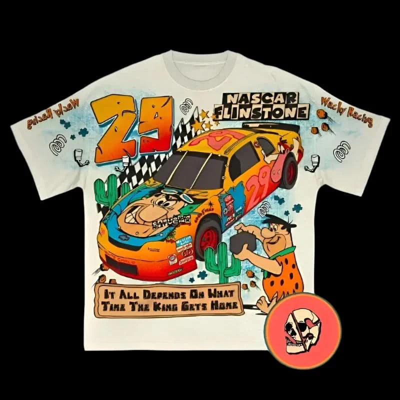 Flinston T Shirt - Cartoon Race-car Streetwear Trendy Button-Front Short Sleeve