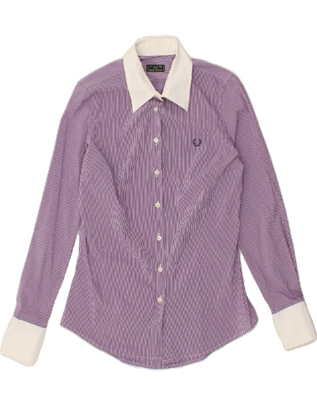 FRED PERRY Womens Shirt UK 12 Medium Purple Pinstripe Cotton Casual Ruffle Short Shirt FRED PERRY Womens Shirt UK 12 Medium Purple Pinstripe Cotton Casual Ruffle Short Shirt