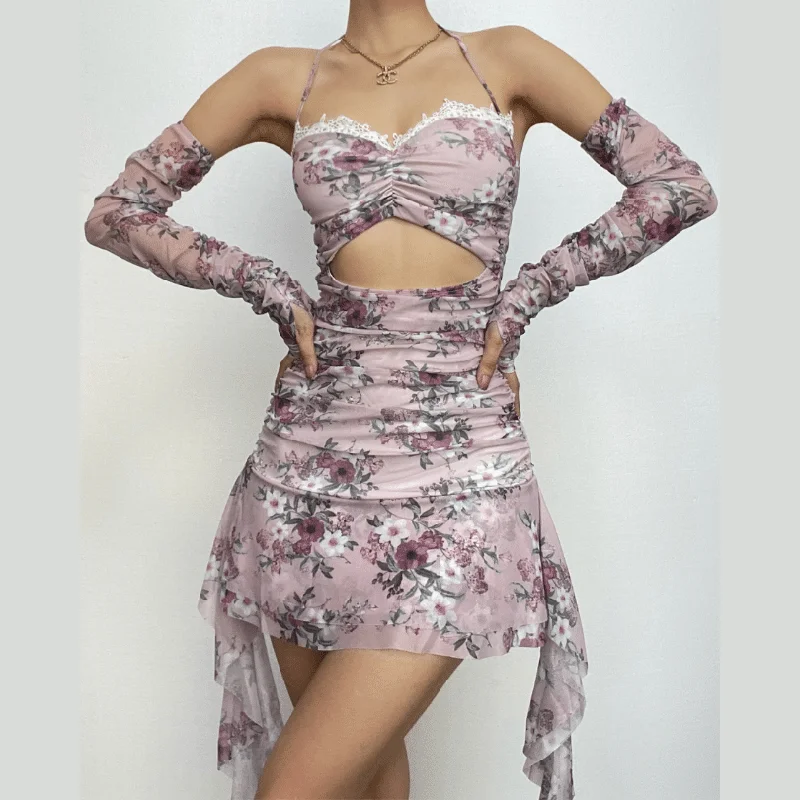 Halter hollow out lace hem flower print gloves cut out mini dress Classic Black Mini Dress Halter hollow out lace hem flower print gloves cut out mini dress Classic Black Mini Dress
