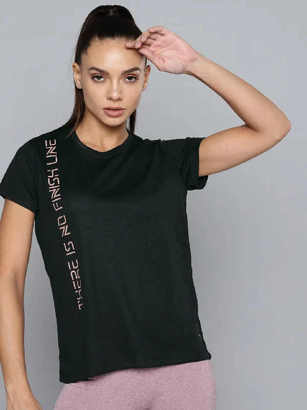 HRX By Hrithik Roshan Running Women Jet Black Rapid-Dry Typography Tshirts Elegant Silk Short Shirt