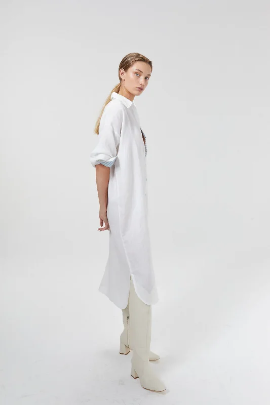 Island Linen Midi Dress - Off-White with Contrasting Details Trendy Shift Midi Dress Island Linen Midi Dress - Off-White with Contrasting Details Trendy Shift Midi Dress