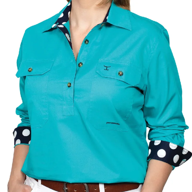 Just Country Womens Jahna Trim Half-Button LS Shirt-TURQUOISE Trendy Floral Short Sleeve