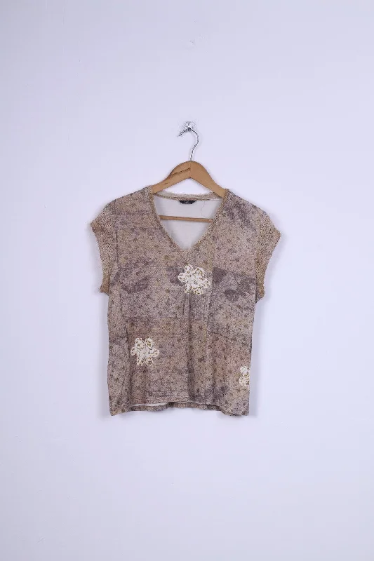 Kello Womens M Shirt V Neck Flowers Sleeveless Beige Cozy Summer Short Shirt