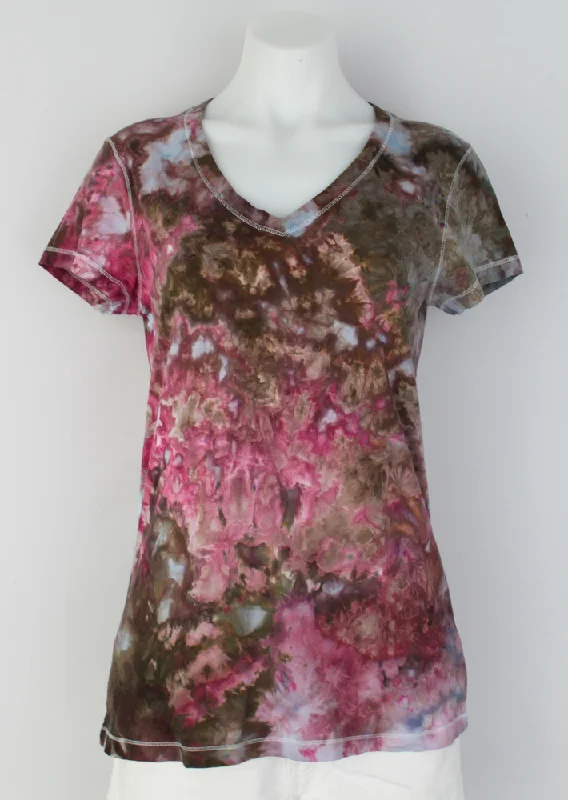 Ladies V neck T shirt - size Large - Raspberry Brownie crinkle Comfortable Short Sleeve Tee