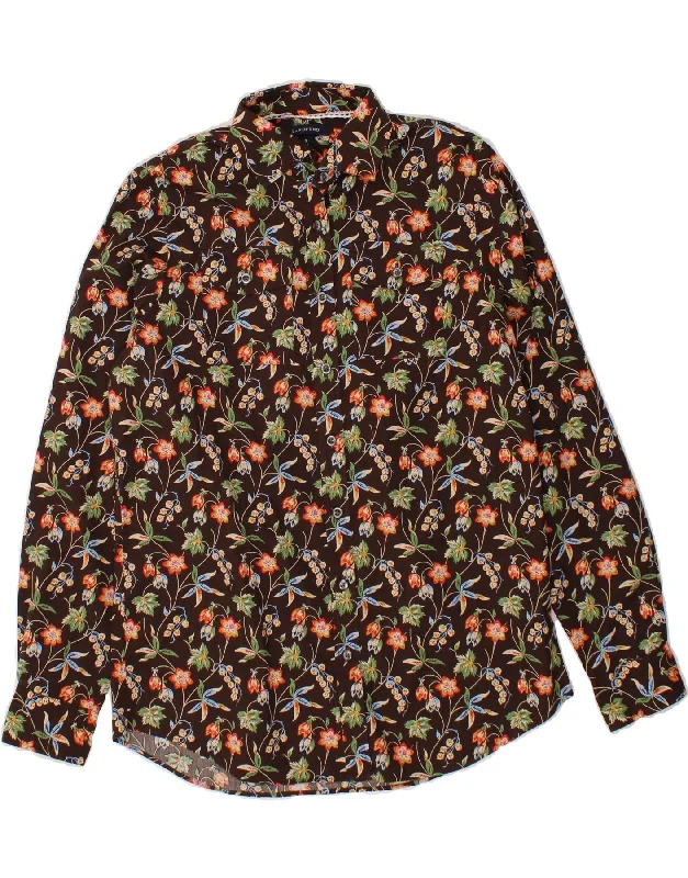 LANDS END Womens Shirt US 6/8 Small Brown Floral Cotton Casual Slouchy Short Sleeve