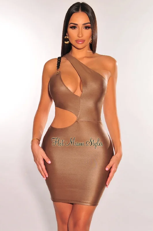 Latte Faux Leather Black Chain One Shoulder Cut Out Mini Dress Trendy Crossover Mini Dress Latte Faux Leather Black Chain One Shoulder Cut Out Mini Dress Trendy Crossover Mini Dress