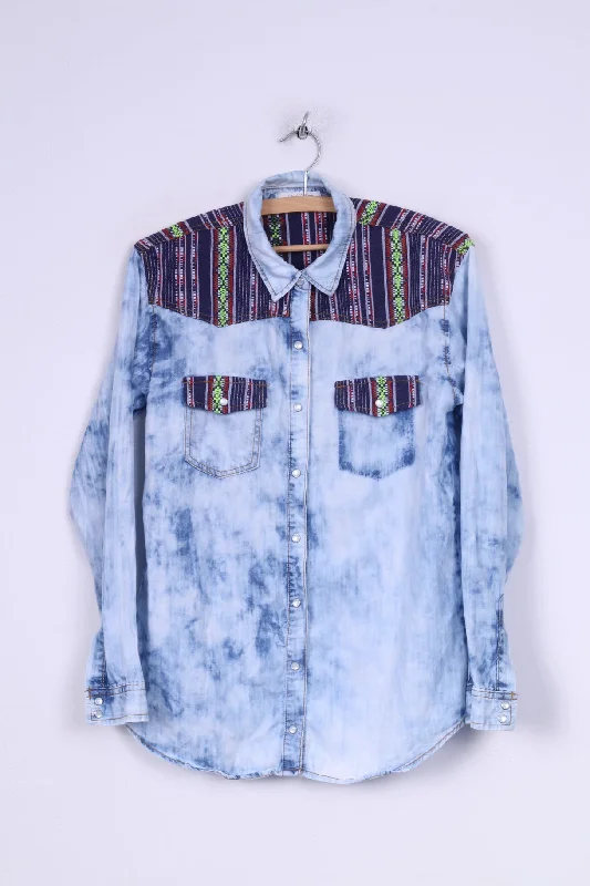 Life in progress Womens S Denim Shirt Aztec Details Acid Wash Jeans Snaps Casual Cotton Short Shirt Life in progress Womens S Denim Shirt Aztec Details Acid Wash Jeans Snaps Casual Cotton Short Shirt