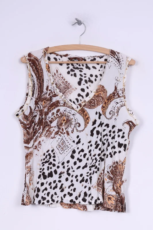 Lisa Campione Womens 42 L Shirt Sleeveless Multiprinted Cream V Neck Summer Top Relaxed Fit Short Shirt Lisa Campione Womens 42 L Shirt Sleeveless Multiprinted Cream V Neck Summer Top Relaxed Fit Short Shirt