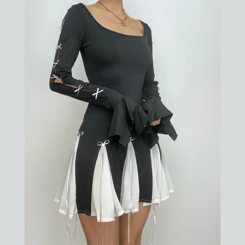 Long flared sleeve bowknot self tie u neck contrast patchwork mini dress Chic Pleated Mini Dress