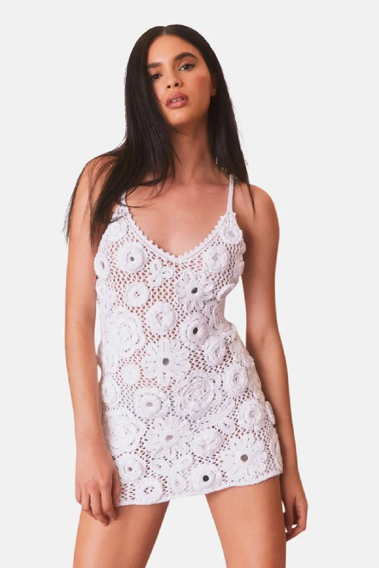 Ferline Crochet Embellished Mini Dress White Cozy A-Line Mini Dress