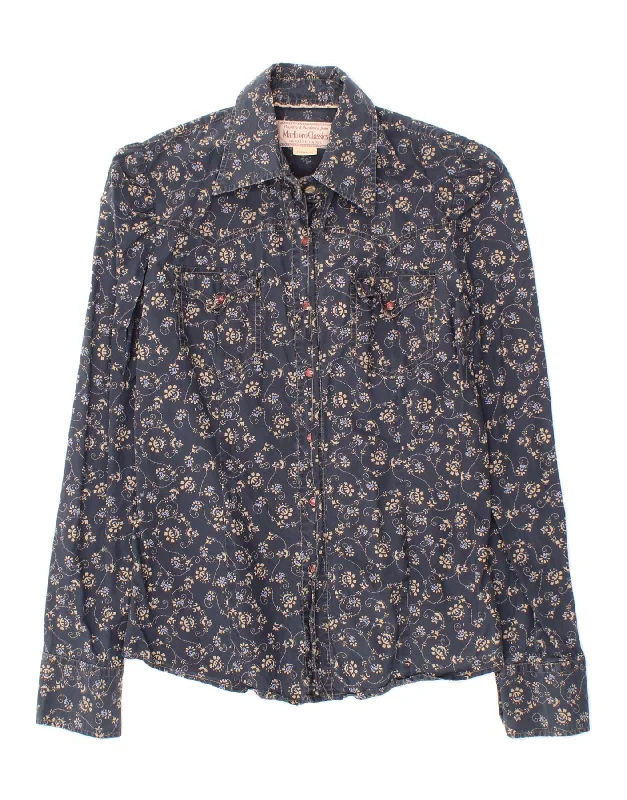 MARLBORO CLASSICS Womens Shirt EU 42 Large Navy Blue Paisley Cotton Stylish Crew Neck Shirt