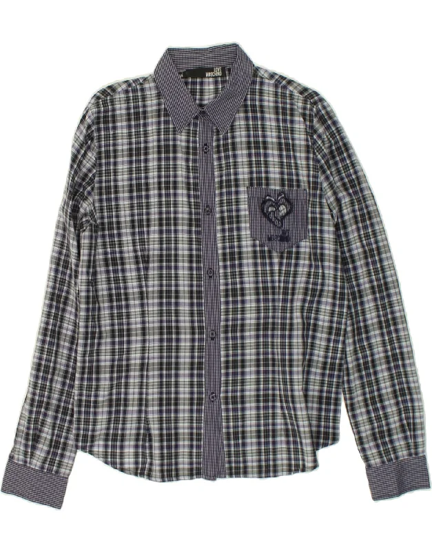 MOSCHINO Womens Shirt UK 16 Large Navy Blue Check Cotton Comfortable Knit Short Shirt