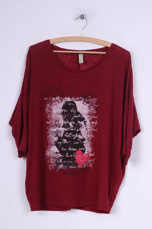 Multiblu Womens XL Blouse Graphic Shirt Bat Sleeve Top Crew Neck Burgundy Stylish Printed Short Shirt Multiblu Womens XL Blouse Graphic Shirt Bat Sleeve Top Crew Neck Burgundy Stylish Printed Short Shirt
