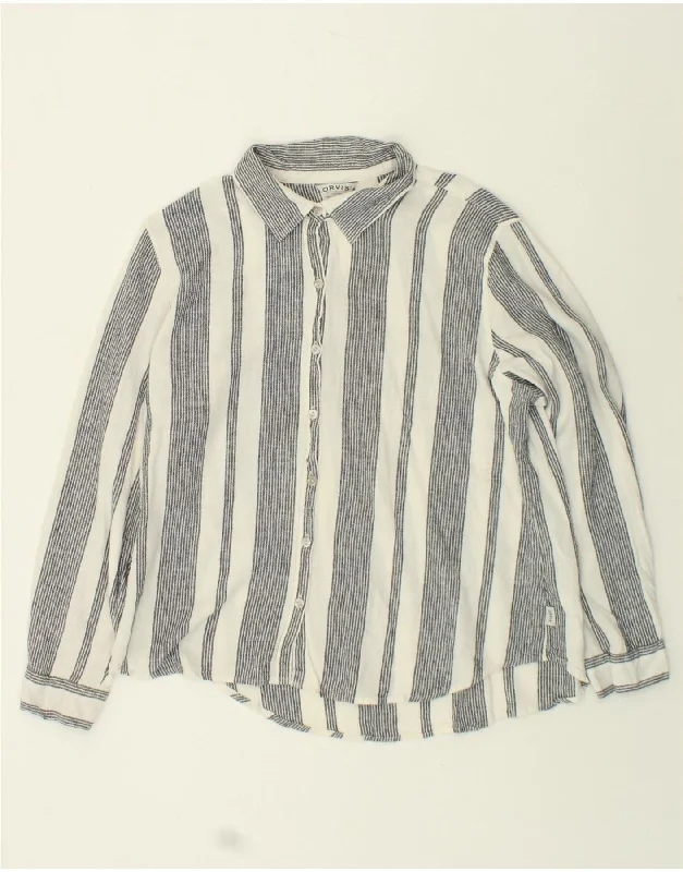 ORVIS Womens Shirt UK 18 XL Grey Striped Linen Stylish Pleated Short Sleeve