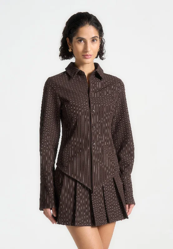 Pinstripe Angled Shirt - Brown Casual Oversized Short Shirt