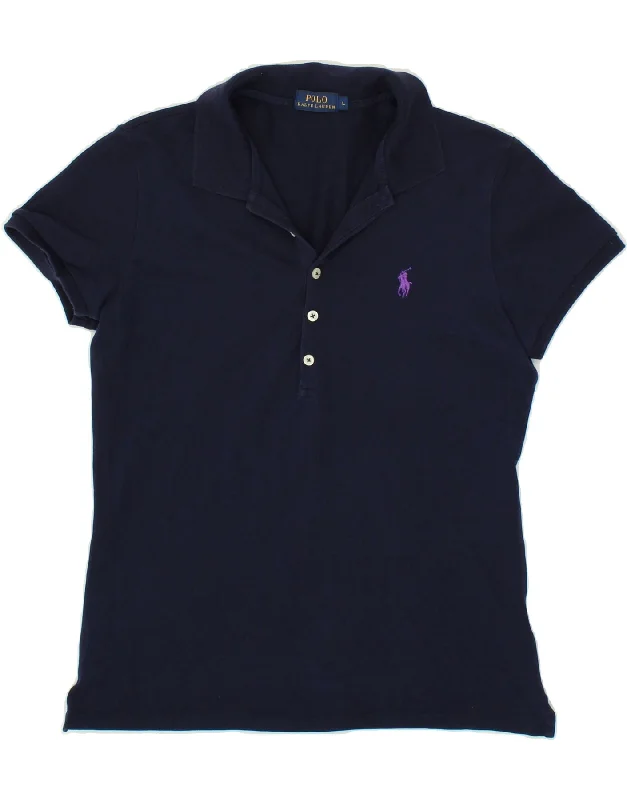 POLO RALPH LAUREN Womens Polo Shirt UK 14 Large Navy Blue Cotton Comfortable Fit Short Shirt