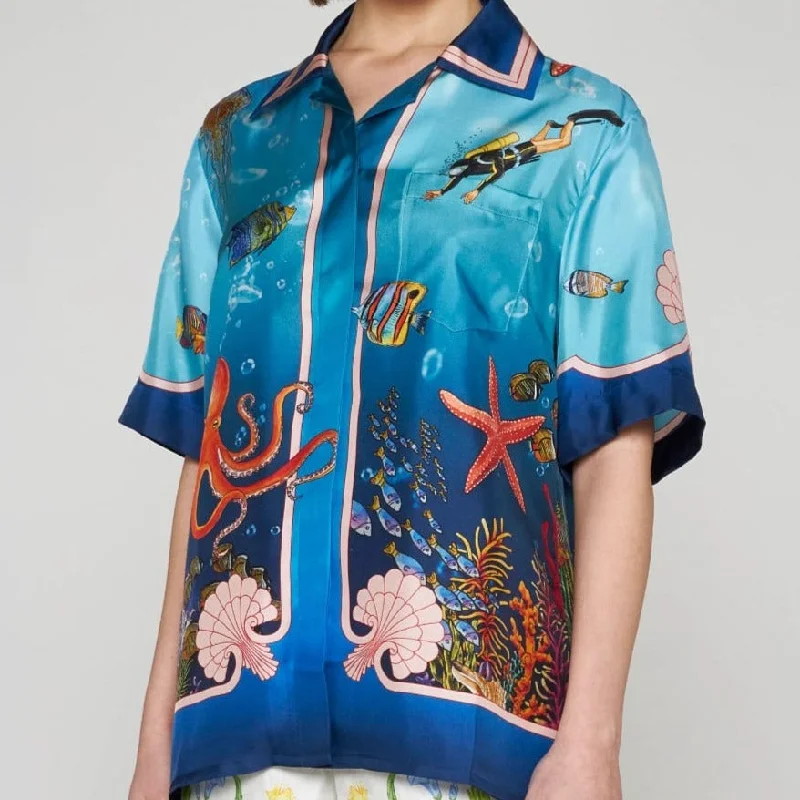 Premium Fond Marin print silk shirt Fashionable Pleated Short Shirt