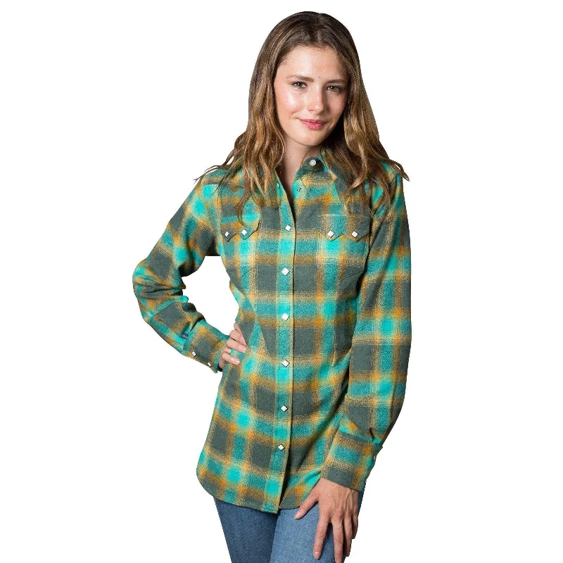 Rockmount Ranch Wear Womens Green & Turquoise Plaid Flannel Western Shirt Cozy Summer Short Shirt