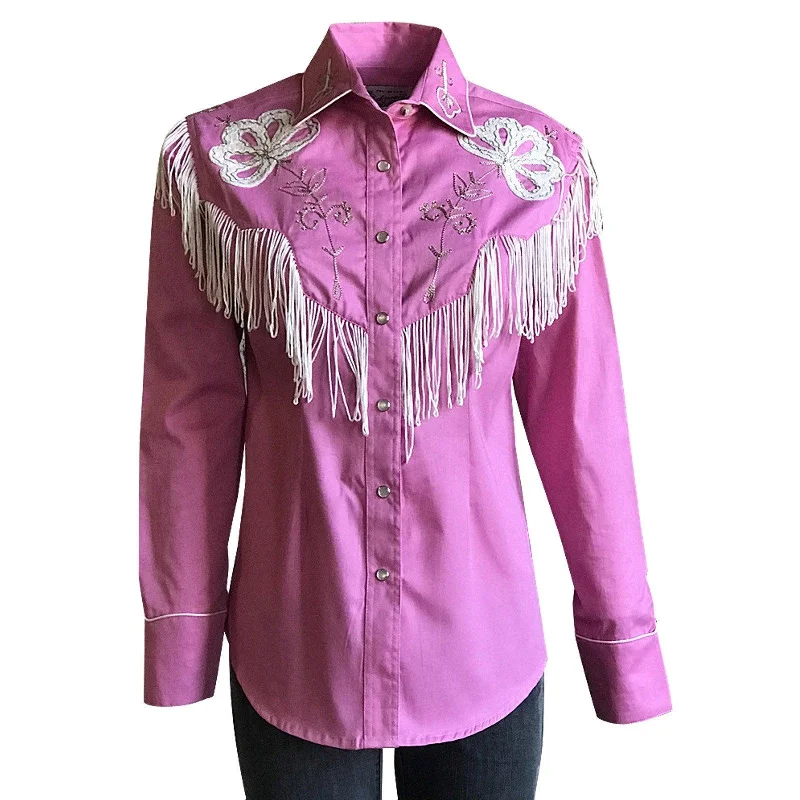 Rockmount Ranch Wear Womens Pink Fringe Embroidered Western Shirt Elegant Draped Short Shirt