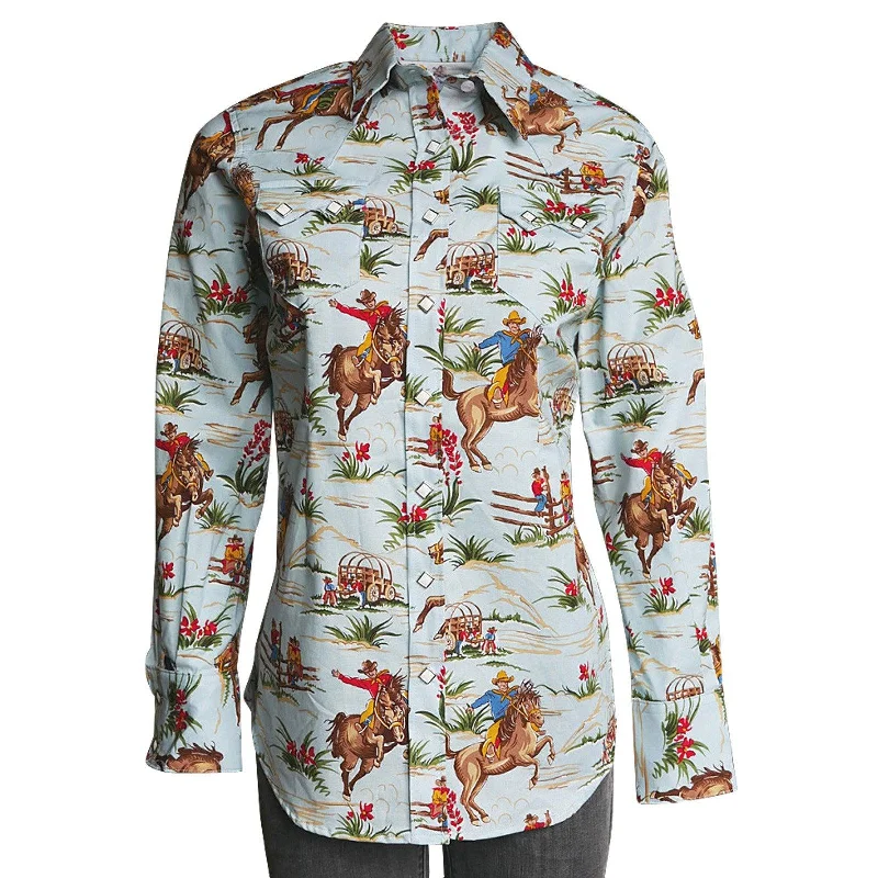 Rockmount Ranch Wear Womens Retro Cowboy Print Western Shirt Casual Short Sleeve Top