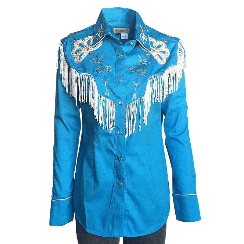 Rockmount Ranch Wear Womens Turquoise Fringe Embroidered Western Shirt Fashionable Button-Front Short Sleeve