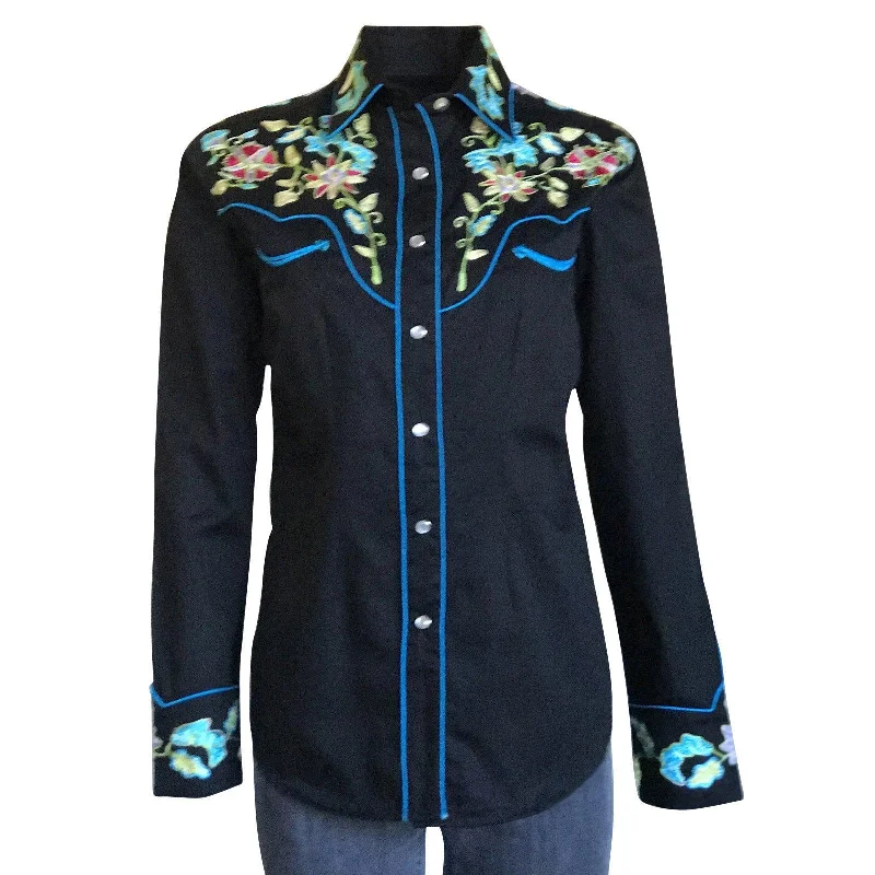 Rockmount Ranch Wear Womens Vintage Floral Embroidered Western Shirt Cozy Loose Fit Short Sleeve