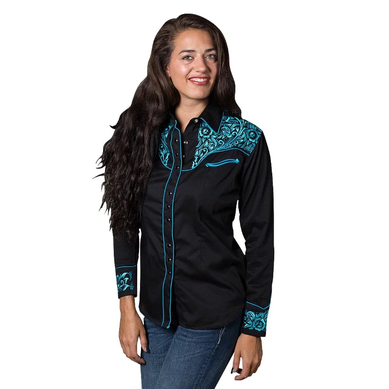 Rockmount Ranch Wear Womens Vintage Tooling Embroidery Western Shirt in Black & Turquoise Relaxed Fit Short Blouse