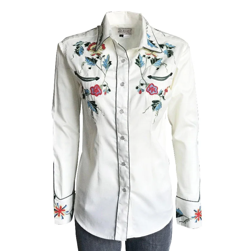 Rockmount Ranch Wear Womens White Floral Embroidery Western Shirt Trendy Summer Short Sleeve