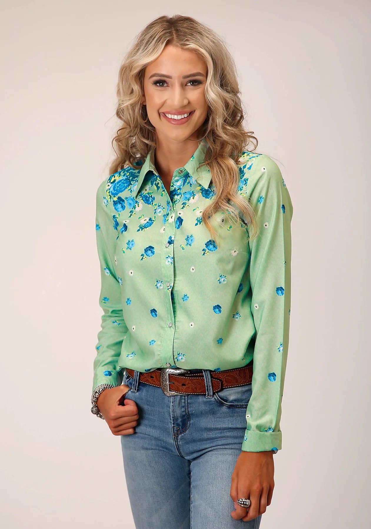 Roper Wmns Studio West Collection LS Shirt Print Green - Black Friday Sale Elegant Draped Short Sleeve