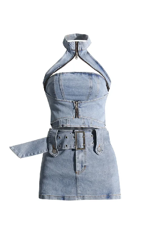 Sexy Cutout Zip Up Halter Crop Buckle Belt Two Piece Denim Micro Mini Dress Fashionable Lace-Trim Mini Dress Sexy Cutout Zip Up Halter Crop Buckle Belt Two Piece Denim Micro Mini Dress Fashionable Lace-Trim Mini Dress