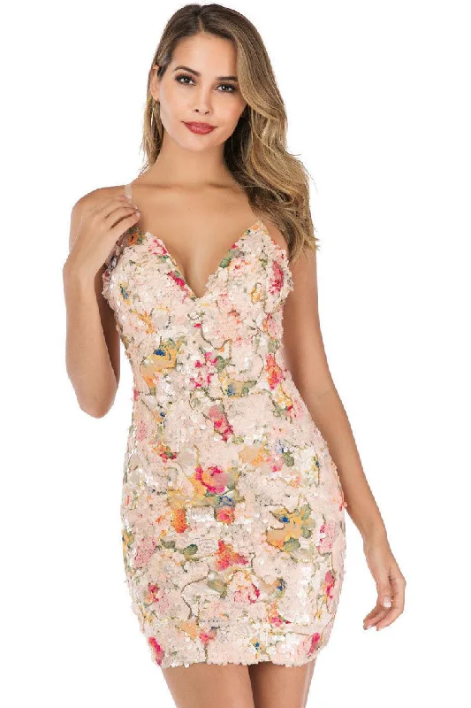 Sexy V Neck Spaghetti Strap Sleeveless Floral Sequin Party Mini Dress - Floral Modern Satin Mini Dress Sexy V Neck Spaghetti Strap Sleeveless Floral Sequin Party Mini Dress - Floral Modern Satin Mini Dress