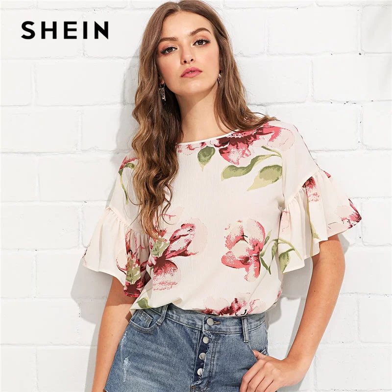 SHEIN Multicolor Vacation Bohemian Beach Floral Print Flounce Ruffle Sleeve Keyhole Back Floral Blouse Women Casual Shirt Top Classic Denim Short Sleeve