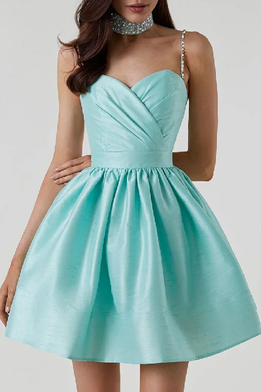 Silky Sweetheart Spaghetti Strap Pleated Satin Skater Mini Dress - Teal Elegant Satin Mini Dress Silky Sweetheart Spaghetti Strap Pleated Satin Skater Mini Dress - Teal Elegant Satin Mini Dress