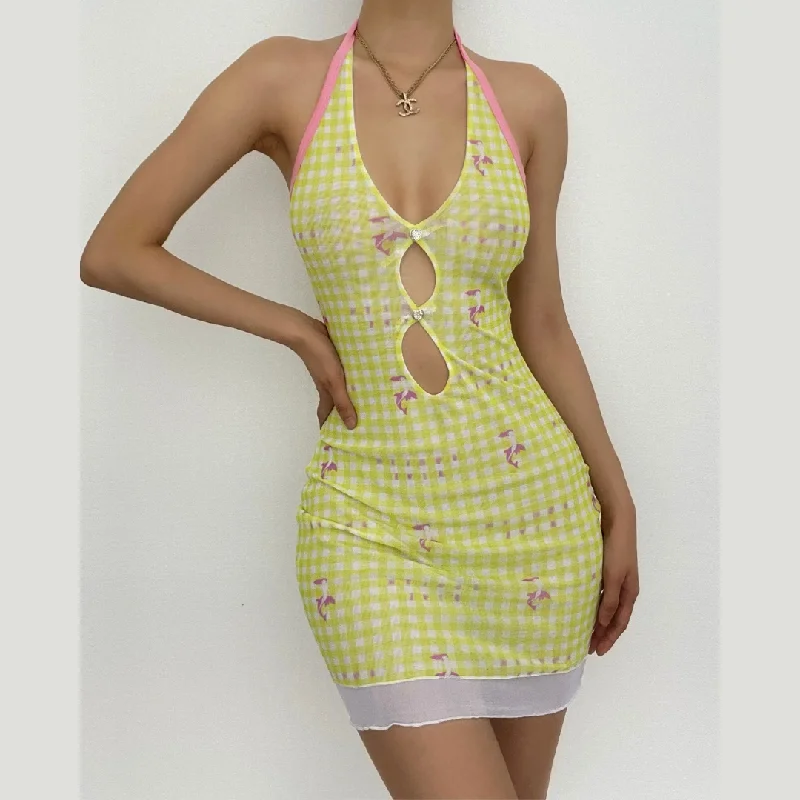 Sheer mesh plaid contrast print halter ruffle backless mini dress Fashionable Off-Shoulder Mini Dress Sheer mesh plaid contrast print halter ruffle backless mini dress Fashionable Off-Shoulder Mini Dress
