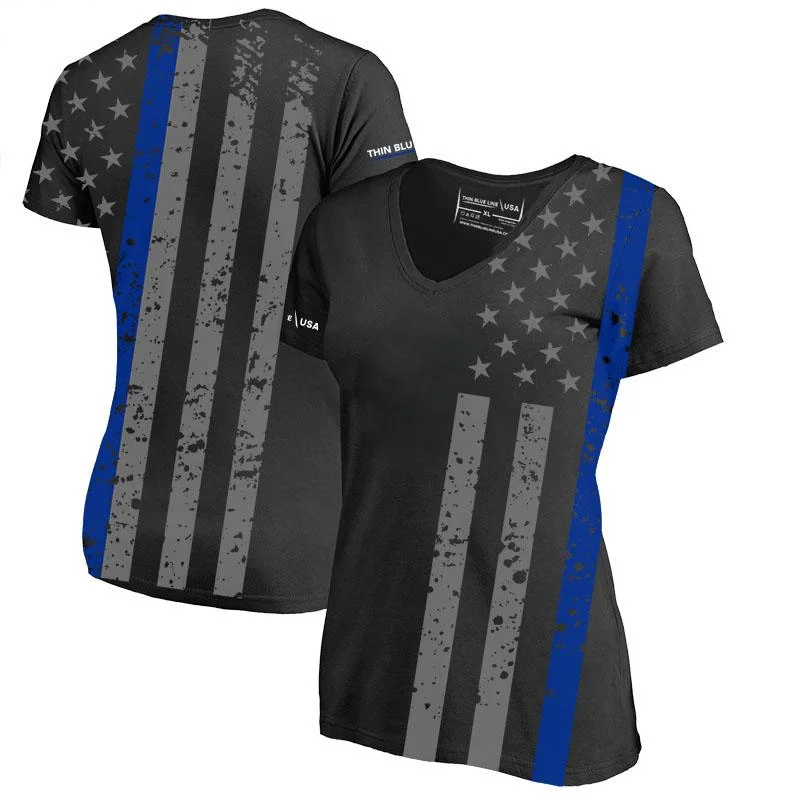 Slim Athletic Women's V-Neck Shirt - Distressed Thin Blue Line Flag Trendy Short Sleeve Tunic