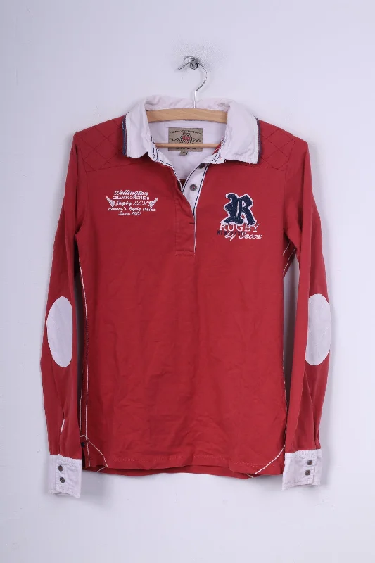Soccx Womens 38 M Polo Shirt Long Sleeve Paches Rubgy Team Sports Red Top Relaxed Cotton Short Shirt Soccx Womens 38 M Polo Shirt Long Sleeve Paches Rubgy Team Sports Red Top Relaxed Cotton Short Shirt