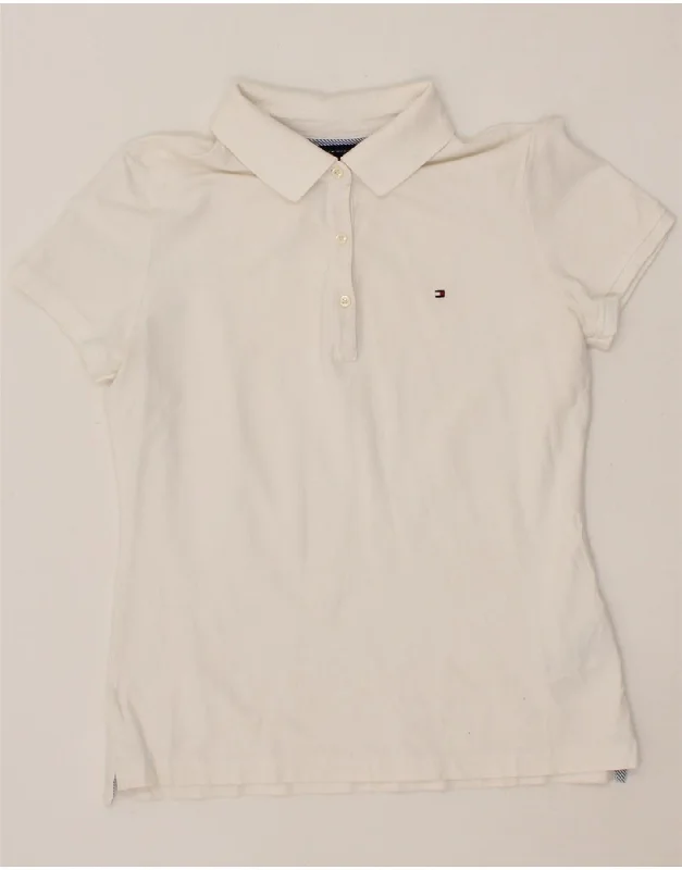 TOMMY HILFIGER Womens Polo Shirt UK 12 Medium White Cotton Trendy Floral Print Tee