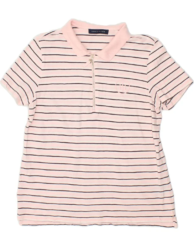 TOMMY HILFIGER Womens Polo Shirt UK 14 Medium Pink Striped Cotton Stylish Split-Hem Short Shirt TOMMY HILFIGER Womens Polo Shirt UK 14 Medium Pink Striped Cotton Stylish Split-Hem Short Shirt