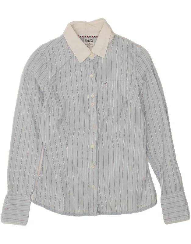 TOMMY HILFIGER Womens Shirt UK 10 Small Blue Striped Cotton Comfortable Short Sleeve Blouse