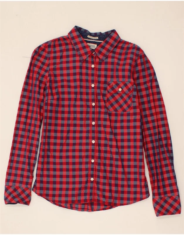 TOMMY HILFIGER Womens Shirt UK 12 Medium Red Gingham Cotton Modern Short Sleeve Top
