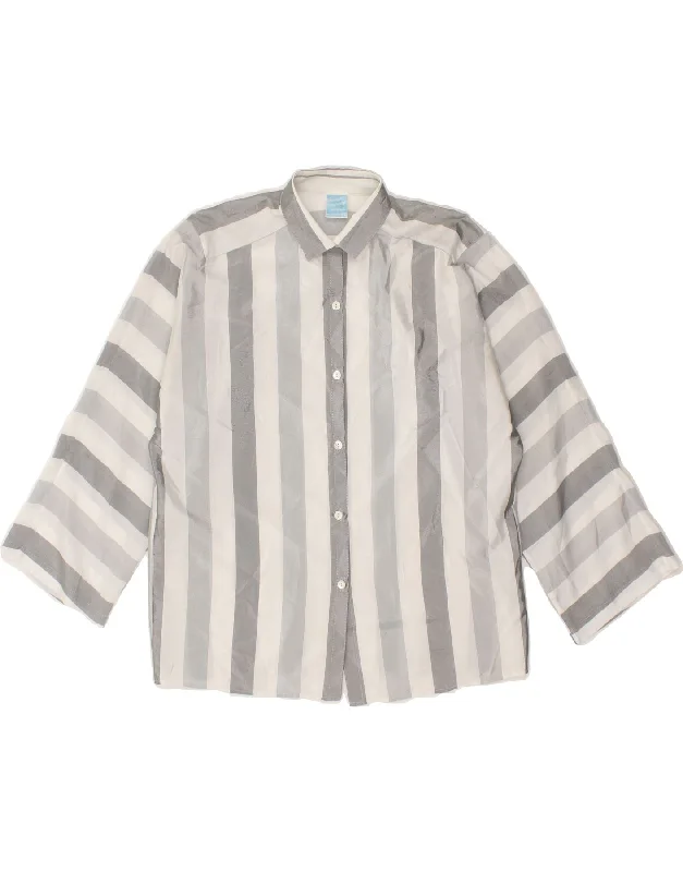 VINTAGE Womens Shirt Blouse IT 42 Medium Grey Striped Polyester Classic Short Sleeve Blouse VINTAGE Womens Shirt Blouse IT 42 Medium Grey Striped Polyester Classic Short Sleeve Blouse