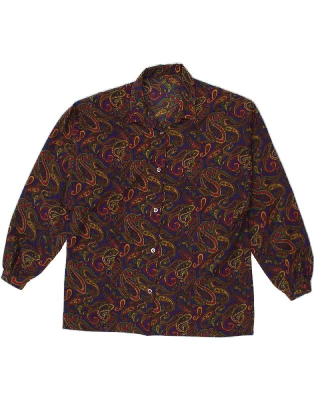 VINTAGE Womens Shirt Blouse UK 14 Medium Multicoloured Paisley Fashionable Tied Short Sleeve
