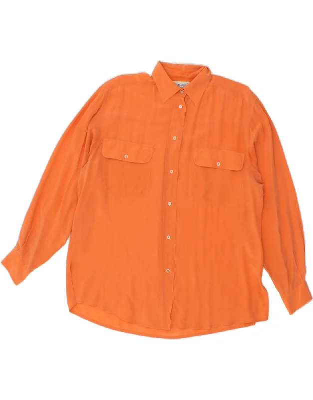 VINTAGE Womens Shirt Blouse UK 16 Large Orange Silk Stylish Pleated Short Sleeve