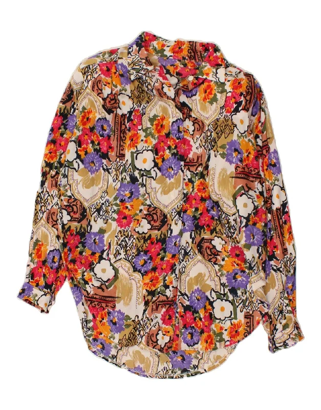 VINTAGE Womens Shirt Blouse UK 18 XL Multicoloured Floral Viscose Modern Casual Short Sleeve