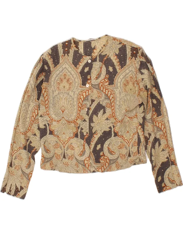 VINTAGE Womens Shirt Blouse UK 6 XS Beige Floral Fashionable Draped Short Sleeve
